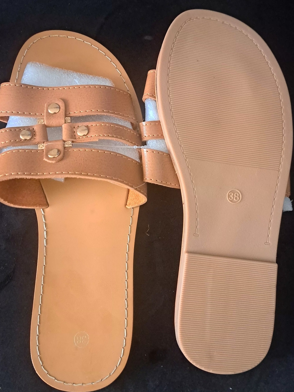 Women's Tan Strappy Slide Sandals with Stud Detail